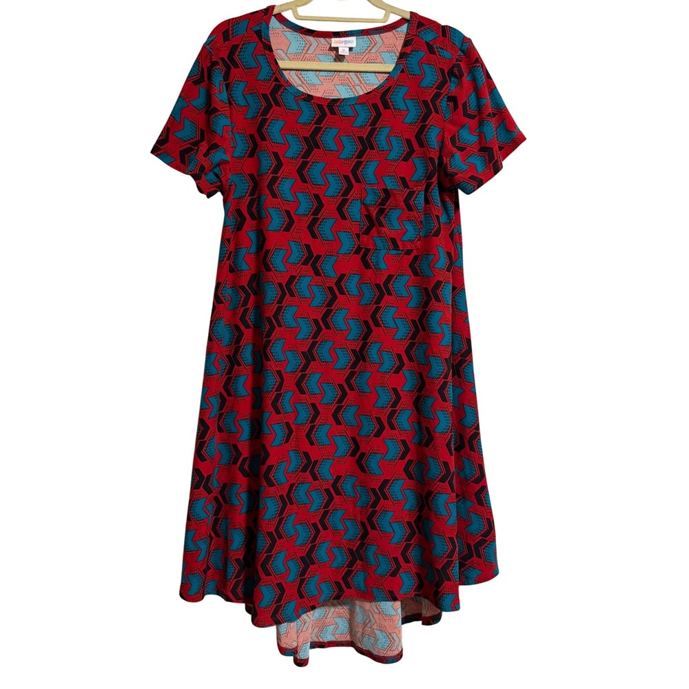LuLaRoe Carly Dress Womens Med Red Teal Geometric Chevron High Low Swing Dress